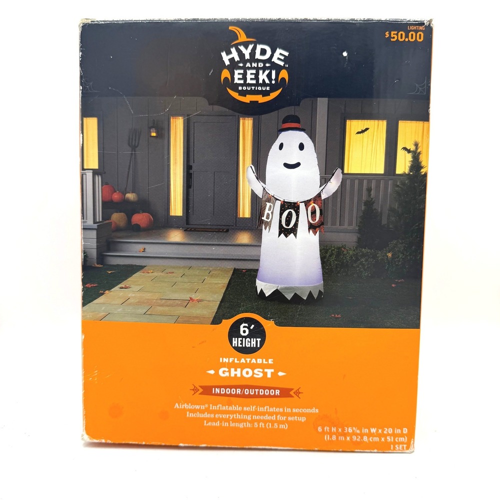 Gemmy Halloween Hyde and EEK Airblown Inflatable Lighted Ghost 6ft White w/ BOO